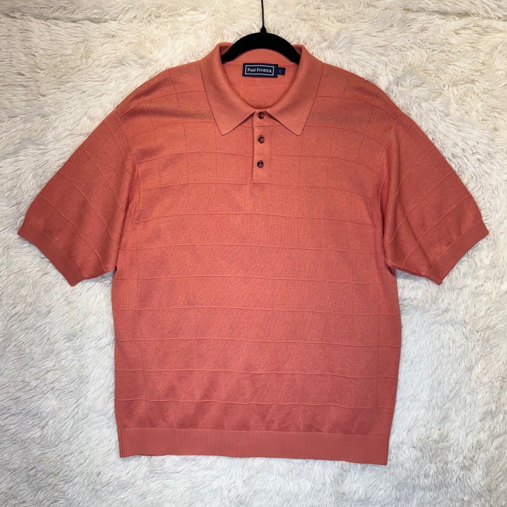 Paul Fredrick Men Large Salmon Coral 100% Silk Knit Short Sleeve Grid Polo Shirt